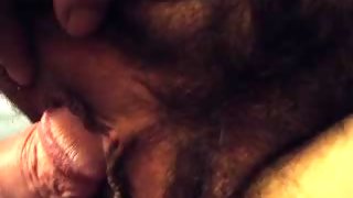 Fondling my MILF wife's hairy pussy with my thick cock
